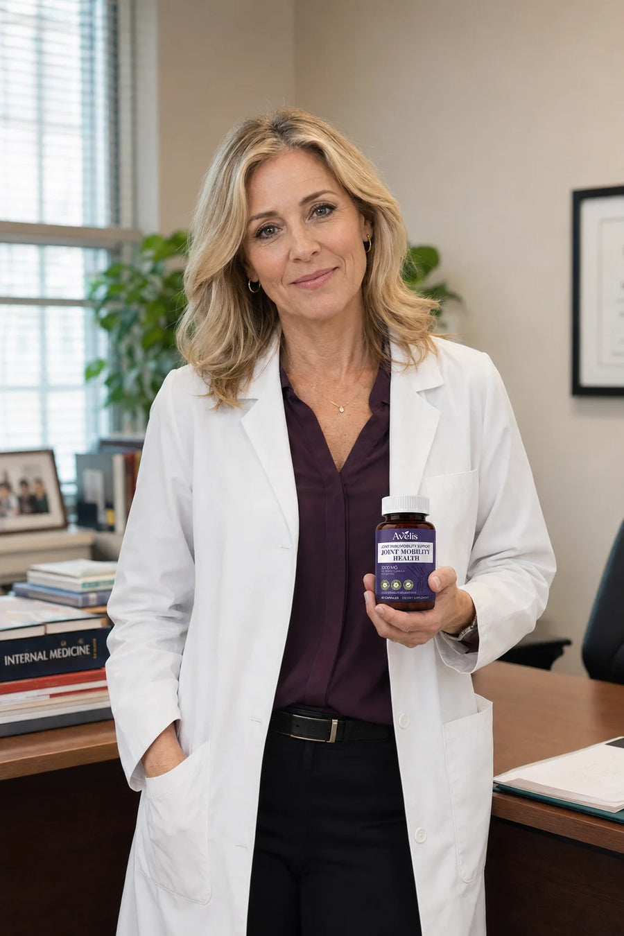 Dr. Rachel Morgan in a bright medical office holding the Avelis bottle