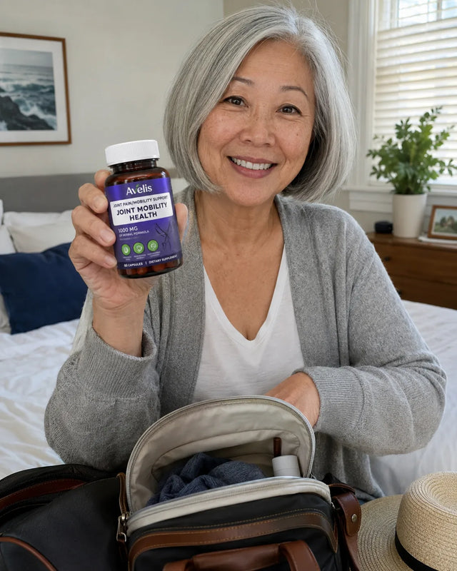 Woman in her late sixties placing Avelis in a travel bag