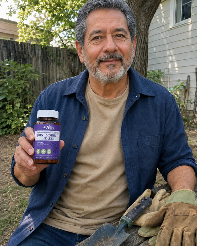 Man in his sixties holding Avelis near his gardening gloves