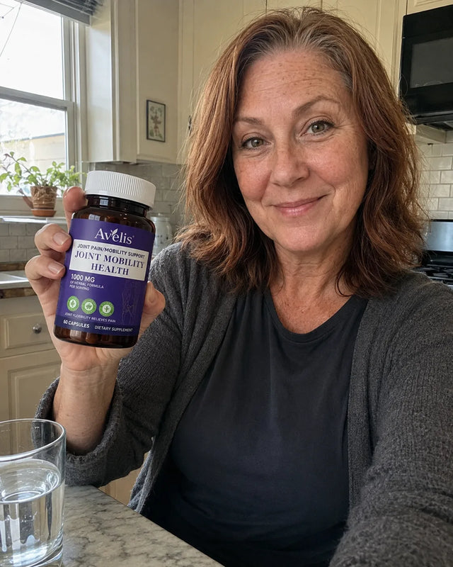 Woman in her fifties with Avelis on a kitchen counter