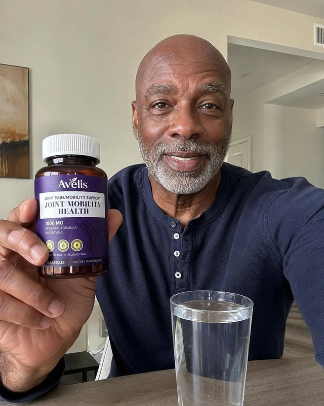 Man in his late sixties holding Avelis beside a glass of water