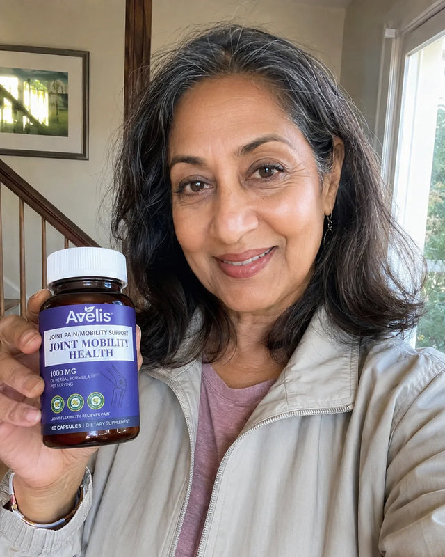 Woman in her early sixties holding Avelis before leaving home